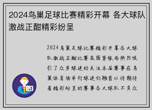 2024鸟巢足球比赛精彩开幕 各大球队激战正酣精彩纷呈