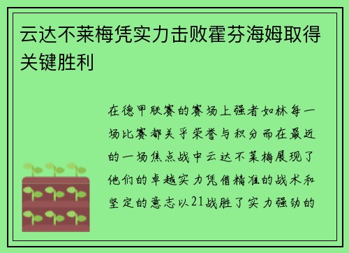 云达不莱梅凭实力击败霍芬海姆取得关键胜利