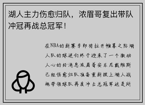 湖人主力伤愈归队，浓眉哥复出带队冲冠再战总冠军！