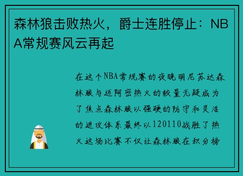 森林狼击败热火，爵士连胜停止：NBA常规赛风云再起