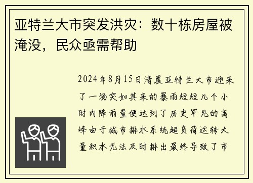 亚特兰大市突发洪灾：数十栋房屋被淹没，民众亟需帮助