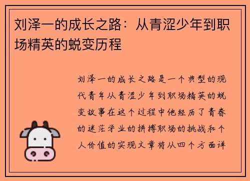 刘泽一的成长之路：从青涩少年到职场精英的蜕变历程