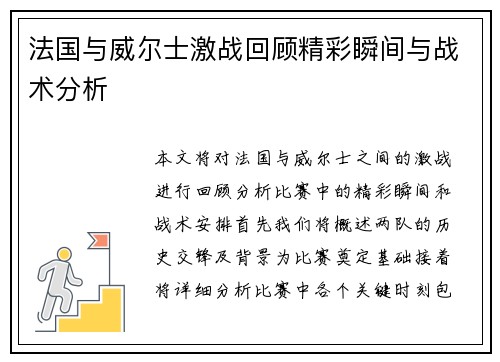 法国与威尔士激战回顾精彩瞬间与战术分析