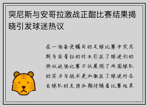 突尼斯与安哥拉激战正酣比赛结果揭晓引发球迷热议