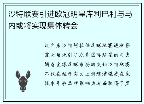 沙特联赛引进欧冠明星库利巴利与马内或将实现集体转会
